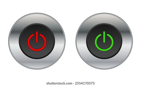 Steel round on off button with backlight. Sign for website, app. Vector graphics isolated on white background