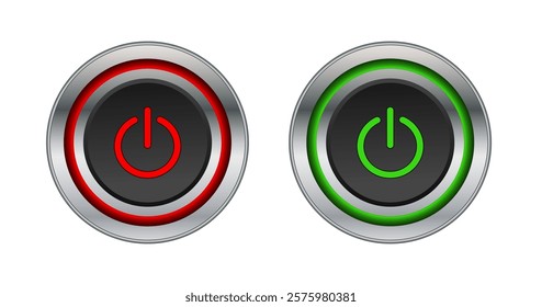 Steel round on off button with backlight. Sign for website, app. Vector graphics isolated on transparent background