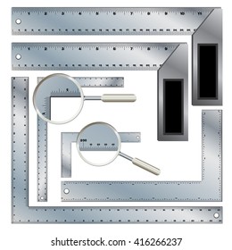 Steel Ruler Isolated On White Background. Protractor Ruler Set. Steel Rafter And Carpenter Square.