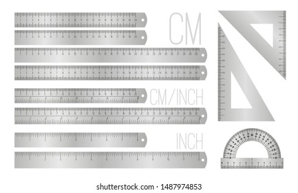 Steel ruler lines. Vector metal inches and millimeters rulers isolated on white, metric scale measure objects with numbers, office metalic measuring office supplies