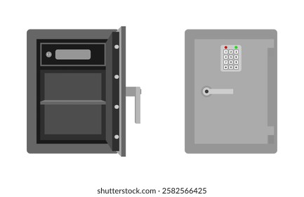 steel safe box with electronic lock open and close. vector illustration isolated on white background.