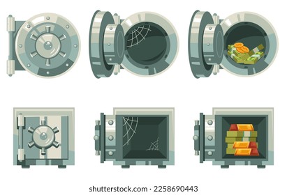 Caja fuerte de acero con barra de oro y concepto de seguridad de depósitos bancarios. Ilustración del diseño gráfico del vector