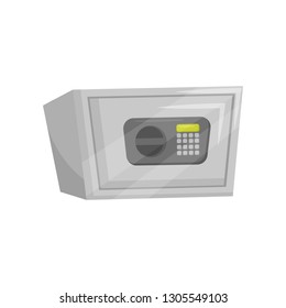 Steel safe with button keypad. Small strong cabinet with electronic code lock. Flat vector design