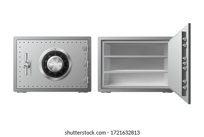 Steel safe with combination lock Isolated on a white background. Armored box. Reliable data protection. Long term savings. Protection of personal information. Vector illustration