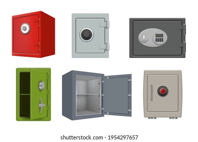 Steel safe deposit. Security 3d box personal investment protect big wardrobe with big electronic lockers decent vector realistic collection set