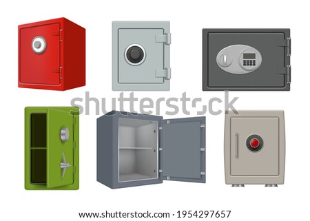 Steel safe deposit. Security 3d box personal investment protect big wardrobe with big electronic lockers decent vector realistic collection set