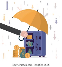 Steel safe with money, earnings protection. Businessman hand holding umbrella protecting strongbox from arrows rain in economy crisis or market crash. Insurance to protect from risk or uncertainty.