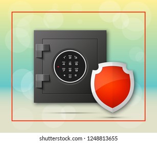 Steel safe pin code entry panel image. Armored box shield. Door safe bank vault combination lock. Reliable Data Protection. Long-term savings. Deposit box safe icon.Protection personal information