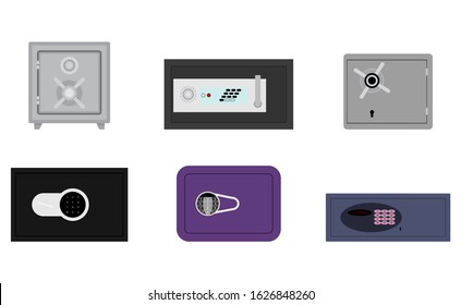 Steel safes collection with code and lock key. Vector deposit box with safety combination, close privat safe, illustration hotel confidential strongbox