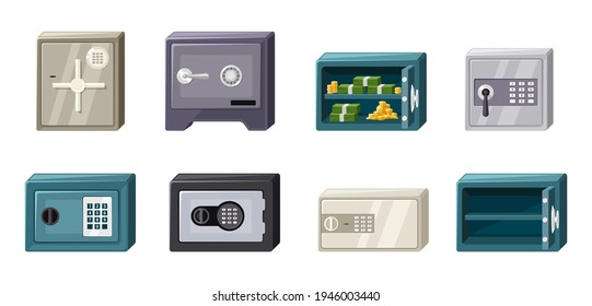 Steel safes set. Powerful screw lock vaults for safeguarding valuables secure digital locks with coded passwords compact dimensions recessed into walls home and office. Vector titanium protection.