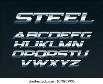 Steel sans expanded font, metal letters set, chrome alphabet, silver vector letters, bold italic uppercase font for man on black background