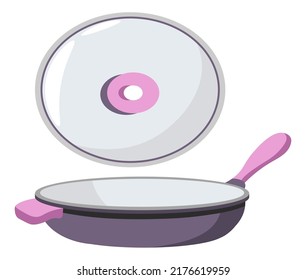Cacerola de acero con gorra, utensilios de cocina aislados para cocinar y preparar comida. Cacerola frita con tapa y mango, tienda de utensilios de cocina o tienda con surtido para cocina y cocina. Vector de estilo plano