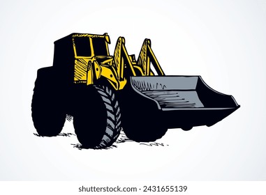 Steel scrape push load traction on big rubber bus tire isolated white background. Bright yellow color hand drawn sign icon pictogram in modern art doodle style with space text sand dirt land quarry