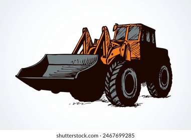 Steel scrape push load traction on big rubber bus tire isolated on white background. Bright yellow color hand drawn sign icon pictogram in modern art doodle style with space for text on sand dirt land