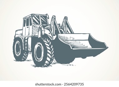 Steel scrape push load traction on big rubber bus tire isolated on white background. Freehand ink hand drawn icon sign logo in graphic style with space for text on sand dirt land quarry