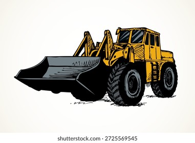 Tração de carga de empurrão de raspagem de aço no pneu grande de barramento de borracha isolado no fundo branco. Cor amarela brilhante desenhado à mão ícone imagem doodle estilo com espaço para texto em areia terra terra terra pedreira