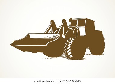 Steel scrape traction on big rubber bus tire on white background. Dark line ink hand drawn power push load icon sign logo pictogram sketch in graphic style with space for text on sand dirt land quarry