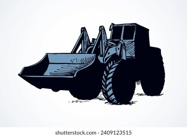 Steel scrape traction on big rubber bus tire on white background. Dark line ink hand drawn power push load icon sign logo pictogram sketch in graphic style with space for text on sand dirt land quarry