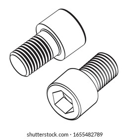 Steel screw. Cylinder head with hex socket. Set. Isolated on white background. Vector line illustration.