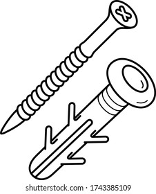 Steel screw and plastic straddling dowel. Vector outline icon.