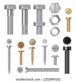 Steel screws bolts. Vise rivets metal construction hardware tools vector realistic pictures. Steel bolt and rivet, screw hardware illustration