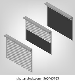 Steel security shutters for windows, doors and garage on a white background. Exterior design elements. Flat 3D isometric style, vector illustration.