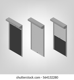 Steel security shutters for windows, doors and garage on a white background. Exterior design elements. Flat 3D isometric style, vector illustration.