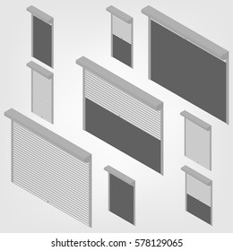 Steel security shutters for windows, doors and garage on a white background. Exterior design elements. Flat 3D isometric style, vector illustration.