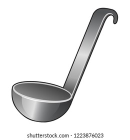 Steel serving spoon or ladle isolated on white background. Vector cartoon close-up illustration.