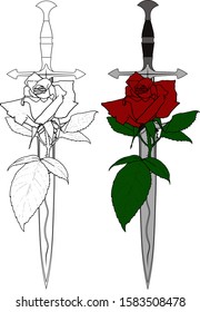 Steel sharp sword and rose flower. black and color on a white background