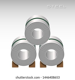 Steel sheet in coil, 3 rolls stacking, icon logo metal sheet industries, 3D isolated vector