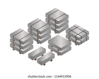 Steel sheet package in warehouse stock, Plate metal sheet with steel strapping, construction materials, Isolated vector 3D