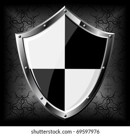 Steel shield over dark seamless background (vector)