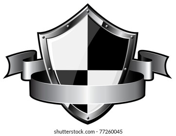 Steel shield with ribbon over white background. Vector illustration.
