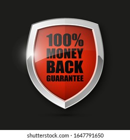 Steel shield with text 100% MONEY BACK GUARANTEE icon. Safeguard metal shield sign. Protect promise reliability badge. vector illustration