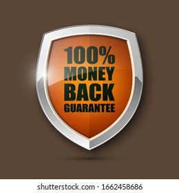 Steel shield with text 100% MONEY BACK GUARANTEE icon. Safeguard metal shield sign. Protect promise reliability badge. vector illustration