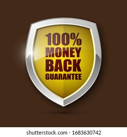 Steel shield with text 100% MONEY BACK GUARANTEE icon. Safeguard metal shield sign. Protect promise reliability badge. vector illustration