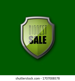 Steel shield with text biggest sale icon. Safeguard Protect metal shield sign. Vector illustration