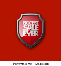 Steel shield with text biggest sale ever icon. Safeguard Protect metal shield sign. Vector illustration