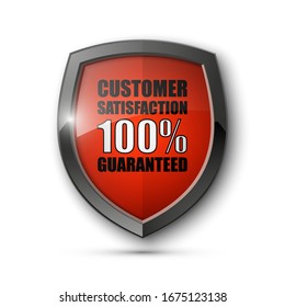 Steel shield with text CUSTOMER SATISFACTION 100% GUARANTEED icon. Safeguard metal shield sign. Protect promise reliability badge. vector illustration