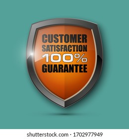 Steel shield with text CUSTOMER SATISFACTION 100% GUARANTEE icon. Safeguard metal shield sign. Protect promise reliability badge. vector illustration