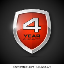 Steel shield with text guarantee four year icon. Warranty 4 year Label obligations. Safeguard metal shield sign. Protect promise reliability badge. Security guaranteed four year shield illustration