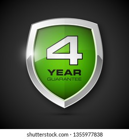 Steel shield with text guarantee four year icon. Warranty 4 year Label obligations. Safeguard metal shield sign. Protect promise reliability badge. Security guaranteed four year shield illustration