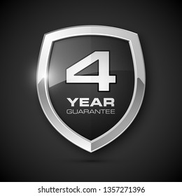 Steel shield with text guarantee four year icon. Warranty 4 year Label obligations. Safeguard metal shield sign. Protect promise reliability badge. Security guaranteed four year shield illustration