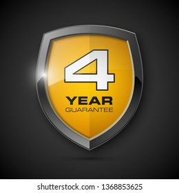 Steel shield with text guarantee four year icon. Warranty 4 year Label obligations. Safeguard metal shield sign. Protect promise reliability badge. Security guaranteed four year shield illustration