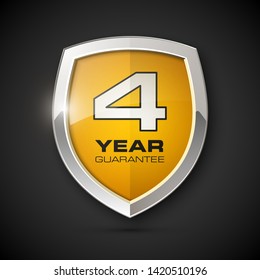 Steel shield with text guarantee four year icon. Warranty 4 year Label obligations. Safeguard metal shield sign. Protect promise reliability badge. Security guaranteed four year shield illustration