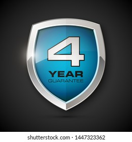 Steel shield with text guarantee four year icon. Warranty 4 year Label obligations. Safeguard metal shield sign. Protect promise reliability badge. Security guaranteed four year shield illustration