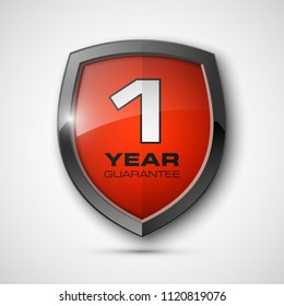 Steel shield with text guarantee one year icon. Warranty 1 year Label obligations. Safeguard metal shield sign. Protect promise reliability badge. Security guaranteed one year shield illustration