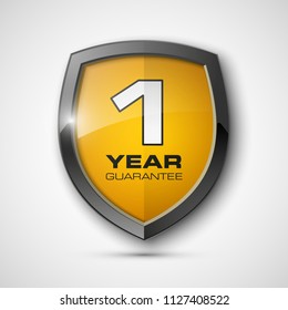 Steel shield with text guarantee one year icon. Warranty 1 year Label obligations. Safeguard metal shield sign. Protect promise reliability badge. Security guaranteed one year shield illustration