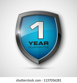 Steel shield with text guarantee one year icon. Warranty 1 year Label obligations. Safeguard metal shield sign. Protect promise reliability badge. Security guaranteed one year shield illustration